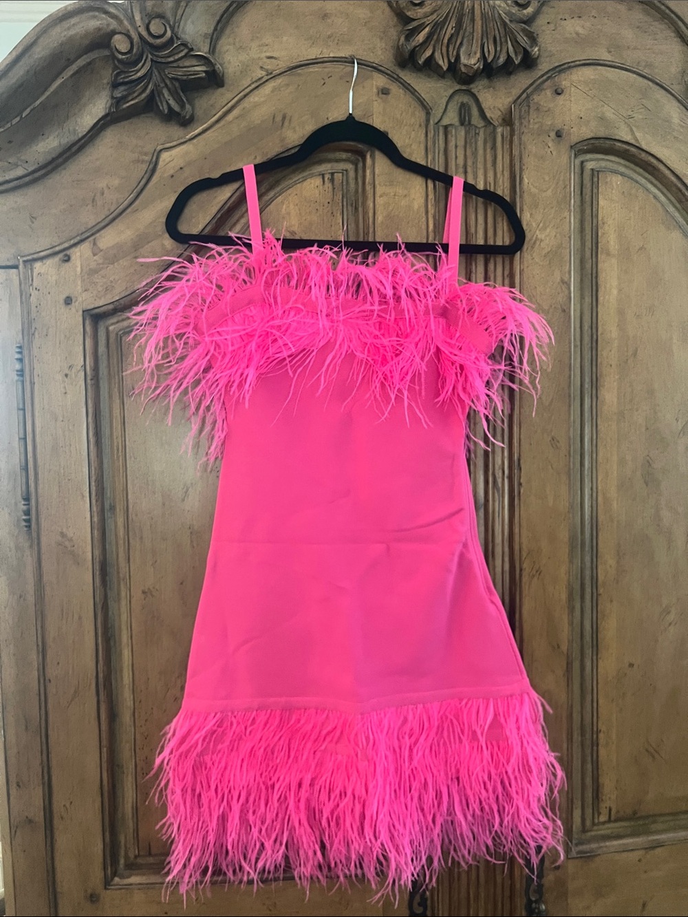 STAUD Hot Pink Feather-Trim Mini Dress